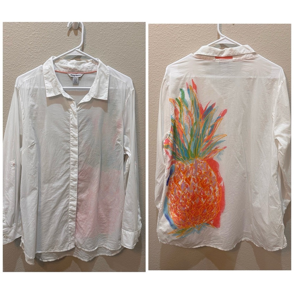 Tommy Bahama Womens L White Button Up Pineapple Hawaiian Shirt Cotton Resort